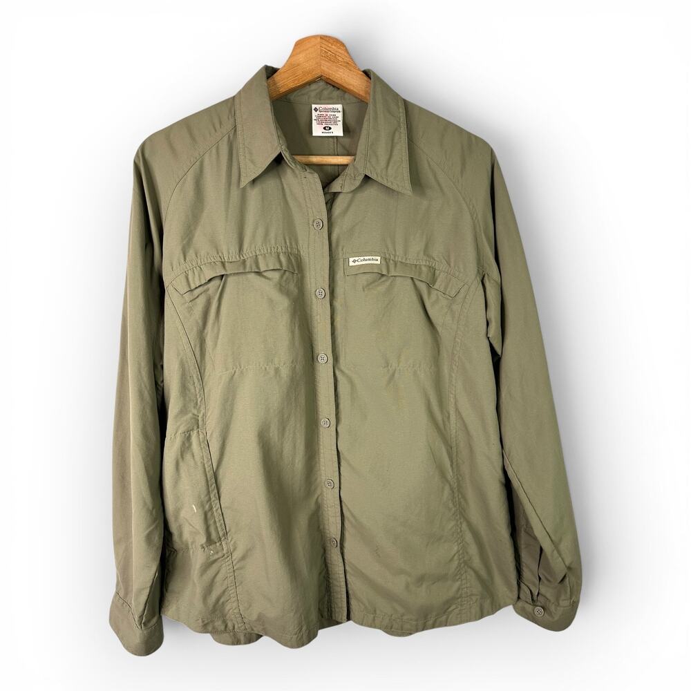Columbia Women GRT Medium Olive Green Long Sleeve Button-Up Shirt Fishing Hiking